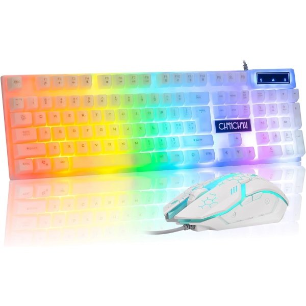 CHONCHOW Teclado y mouse LED, teclado retroiluminado arcoíris de 104 teclas y mouse RGB de 7 colores, combo de teclado y mouse