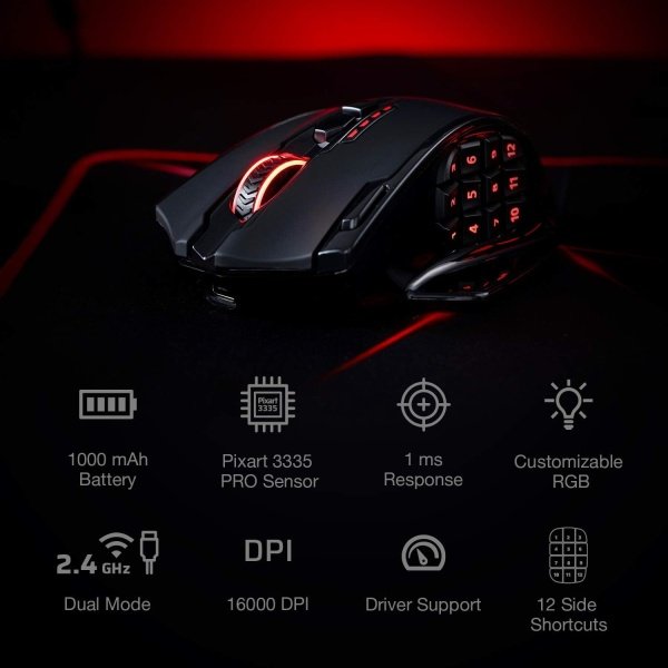 Redragon - Mouse MMO M913 Impact Elite inalámbrico para videojuegos, 16 000 DPI, con cable o inalámbrico RGB, 16 botones - Image 3