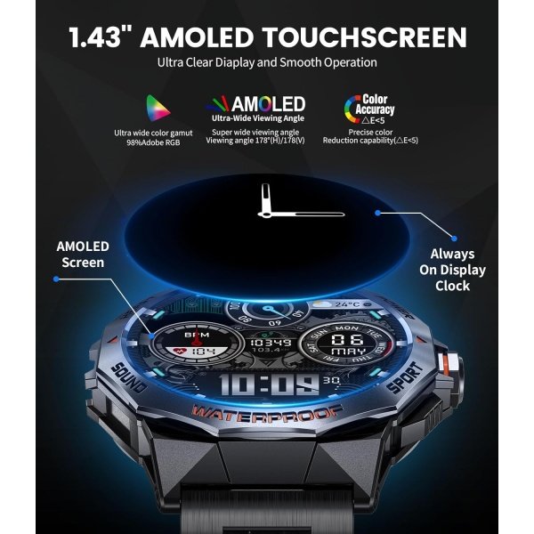 2024 Military Smart Watch for Men,50 Day Battery,IP68 Waterproof,1.43’’ AMOLED Display,123 Sport Modes,Health &Fitness Smartwatch with Heart Rate/SpO2/Sleep Monitor for Android iOS - Image 2