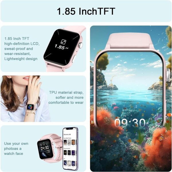 IOWODO Reloj inteligente para hombres y mujeres, pantalla HD de 1.85 pulgadas con hacer y responder llamadas, con asistente de voz AI, SpO2/monitor de frecuencia cardíaca/sueño, más de 100 modos - Image 2