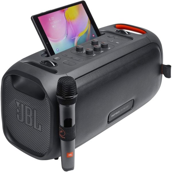 JBL PartyBox On-The-Go - Un altavoz portátil de fiesta de karaoke con micrófono inalámbrico, salida de potencia de 100 W, a prueba de salpicaduras IPX4, 6 horas de reproducción, correa de hombro y 2 altavoces inalámbricos para fiesta (negro) - Image 4