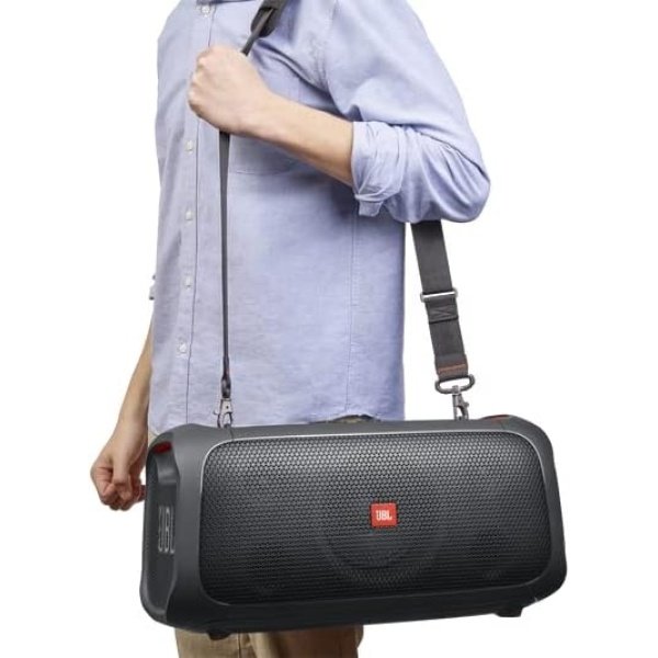 JBL PartyBox On-The-Go - Un altavoz portátil de fiesta de karaoke con micrófono inalámbrico, salida de potencia de 100 W, a prueba de salpicaduras IPX4, 6 horas de reproducción, correa de hombro y 2 altavoces inalámbricos para fiesta (negro) - Image 17