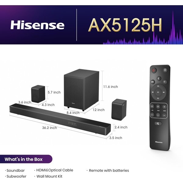 Hisense Barra de sonido AX5125H 5.1.2Ch con subwoofer inalámbrico, 500W, Dolby Atmos, Bluetooth 5.3, EzPlay, paso HDMI 4K a través de, listo para TV Roku, DTS:X, HDMI/AUX/ARC/óptico/USB, 7 modos de - Imagen 2
