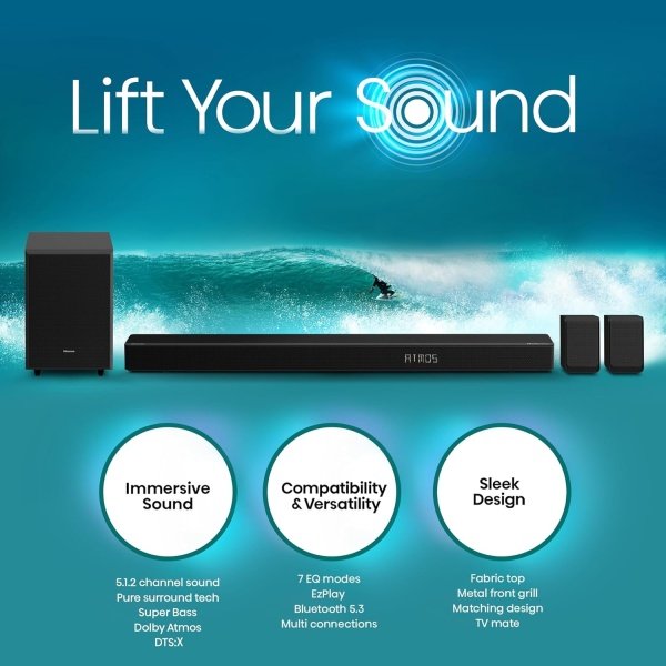 Hisense Barra de sonido AX5125H 5.1.2Ch con subwoofer inalámbrico, 500W, Dolby Atmos, Bluetooth 5.3, EzPlay, paso HDMI 4K a través de, listo para TV Roku, DTS:X, HDMI/AUX/ARC/óptico/USB, 7 modos de - Imagen 3
