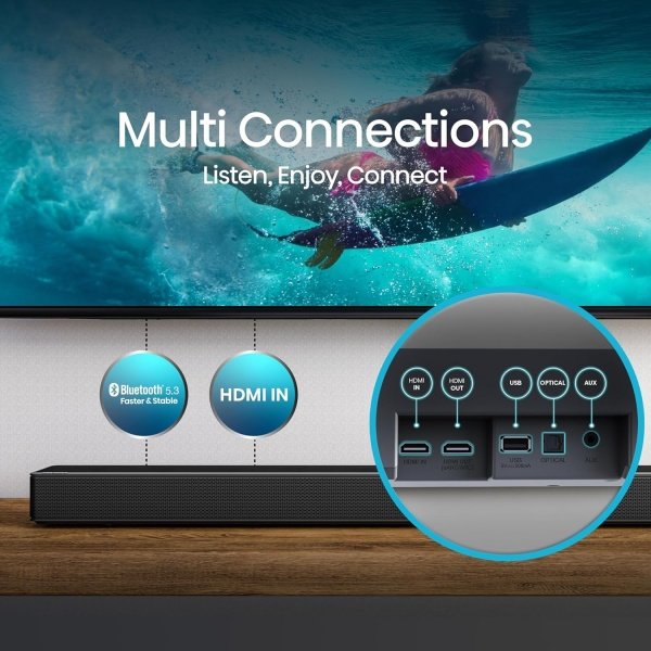 Hisense Barra de sonido AX5125H 5.1.2Ch con subwoofer inalámbrico, 500W, Dolby Atmos, Bluetooth 5.3, EzPlay, paso HDMI 4K a través de, listo para TV Roku, DTS:X, HDMI/AUX/ARC/óptico/USB, 7 modos de - Imagen 6