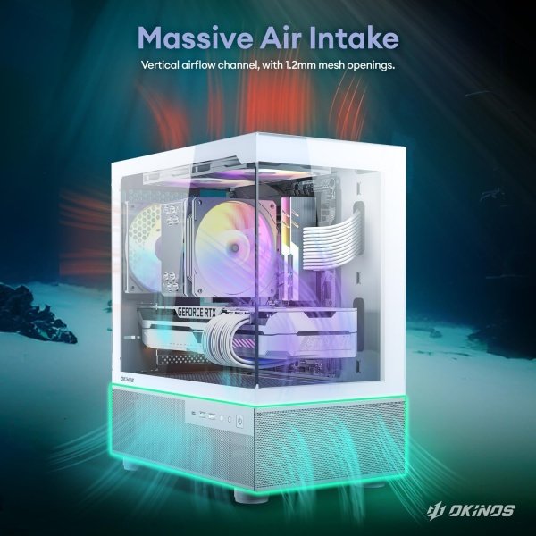 Okinos Aqua 3 - Funda Micro ATX, funda de PC MATX con ventilador ARGB de 0.118 x 4.724 in preinstalado, vista panorámica de - Image 3