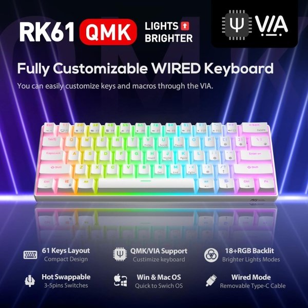 RK ROYAL KLUDGE RK61 Teclado mecánico con cable 60% para juegos programable QMK/VIA RGB retroiluminado 61 teclas ultra compacto - Image 2