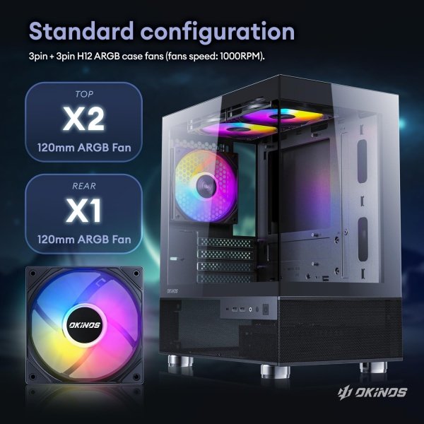 Okinos Aqua 3 - Funda Micro ATX, funda de PC MATX con ventilador ARGB de 0.118 x 4.724 in preinstalado, vista panorámica de - Image 4