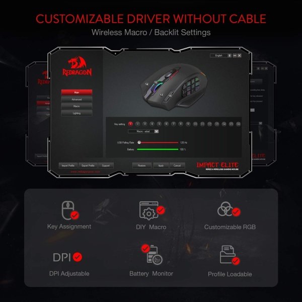 Redragon - Mouse MMO M913 Impact Elite inalámbrico para videojuegos, 16 000 DPI, con cable o inalámbrico RGB, 16 botones - Image 8