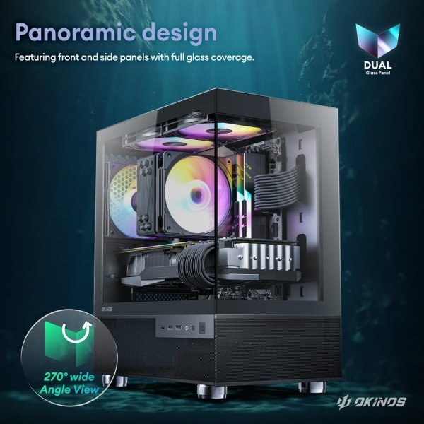 Okinos Aqua 3 - Funda Micro ATX, funda de PC MATX con ventilador ARGB de 0.118 x 4.724 in preinstalado, vista panorámica de - Image 2