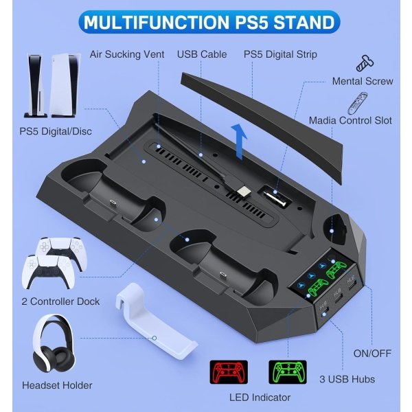 Estación de enfriamiento delgada PS5 con estación de carga para consola Playstation 5 Slim & Standard Disc/Digital, PS5 - Imagen 20
