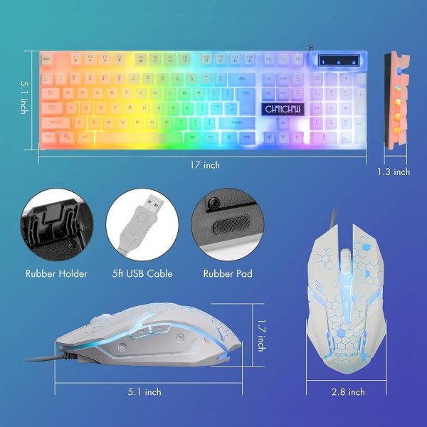 CHONCHOW Teclado y mouse LED, teclado retroiluminado arcoíris de 104 teclas y mouse RGB de 7 colores, combo de teclado y mouse - Image 3