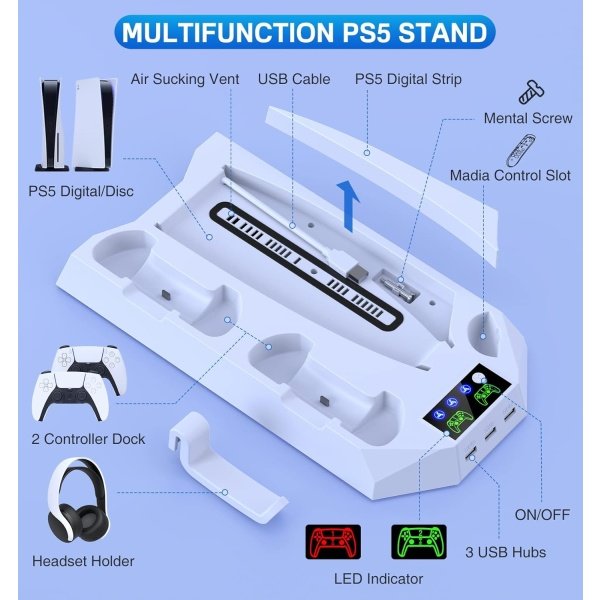 Estación de enfriamiento delgada PS5 con estación de carga para consola Playstation 5 Slim & Standard Disc/Digital, PS5 - Imagen 7