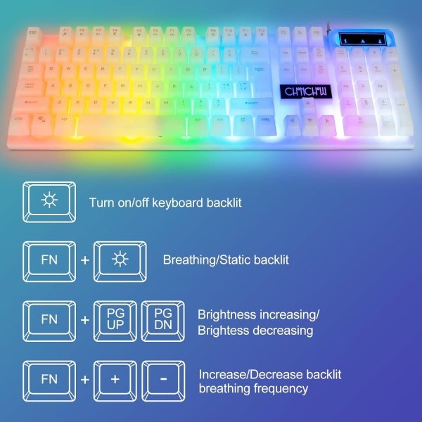 CHONCHOW Teclado y mouse LED, teclado retroiluminado arcoíris de 104 teclas y mouse RGB de 7 colores, combo de teclado y mouse - Image 4
