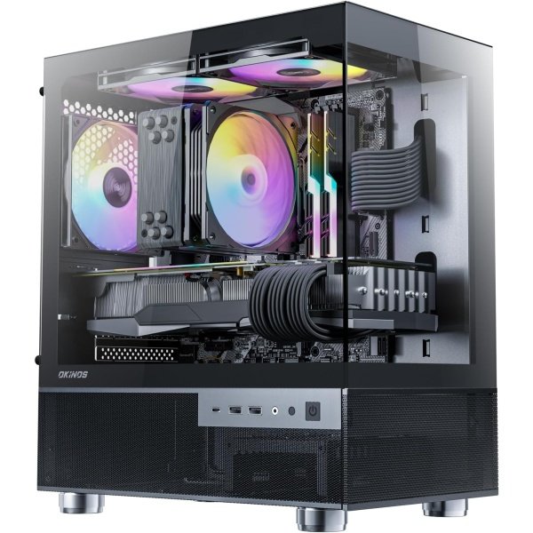 Okinos Aqua 3 - Funda Micro ATX, funda de PC MATX con ventilador ARGB de 0.118 x 4.724 in preinstalado, vista panorámica de