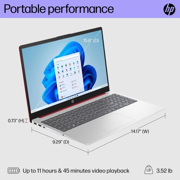 HP 15.6" Portable Laptop (Include 1 Year Microsoft 365), HD Display, Intel Quad-Core N200 Processor, 16GB RAM, 128GB Storage, Wi-Fi 5, Webcam, HDMI, Numeric Keypad, Windows 11 Home, Red - Imagen 3