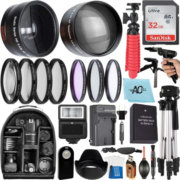 Paquete de accesorios de 2.165 in para Nikon D3400 D3500 D5500 D5600 D7500 y más con tarjeta de memoria SanDisk de 32 GB, marco gran angular, lente de teleobjetivo, primer plano, kit de filtro,
