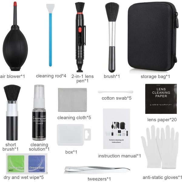 Kit de limpieza de lente de cámara 14 en 1 - Kit de limpieza de sensor de cámara sin espejo para cámara DSLR Canon Sony Nikon incluyendo soplador de lentes/detergente/hisopos/paño de limpieza/pluma de - Imagen 2
