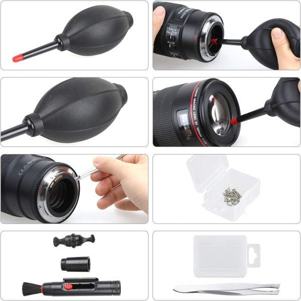 Kit de limpieza de lente de cámara 14 en 1 - Kit de limpieza de sensor de cámara sin espejo para cámara DSLR Canon Sony Nikon incluyendo soplador de lentes/detergente/hisopos/paño de limpieza/pluma de - Imagen 5
