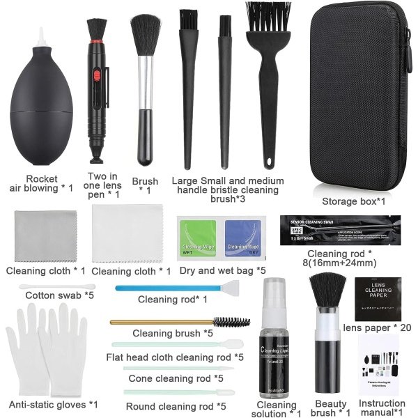 Kit de limpieza de lente de cámara 14 en 1 - Kit de limpieza de sensor de cámara sin espejo para cámara DSLR Canon Sony Nikon incluyendo soplador de lentes/detergente/hisopos/paño de limpieza/pluma de - Imagen 9