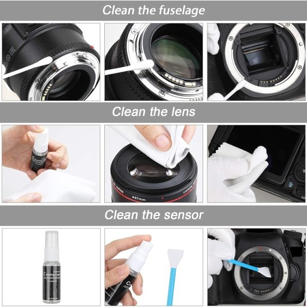 Kit de limpieza de lente de cámara 14 en 1 - Kit de limpieza de sensor de cámara sin espejo para cámara DSLR Canon Sony Nikon incluyendo soplador de lentes/detergente/hisopos/paño de limpieza/pluma de - Imagen 10