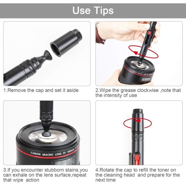 Kit de limpieza de lente de cámara 14 en 1 - Kit de limpieza de sensor de cámara sin espejo para cámara DSLR Canon Sony Nikon incluyendo soplador de lentes/detergente/hisopos/paño de limpieza/pluma de - Imagen 11