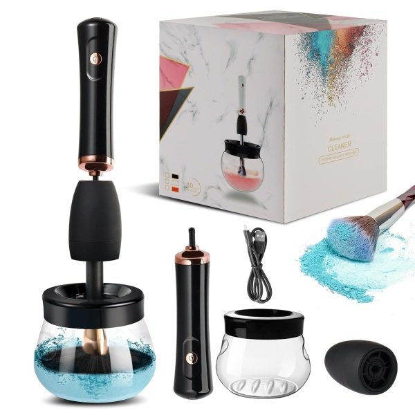 Electronic Makeup Brush Cleaner Machine, Quick Wash & Dry Makeup Brush Cleaner Tools, 3 Adjustable Speeds, Travel Portable Automatic Brushes Cleaner Cleanser Machine (Black)