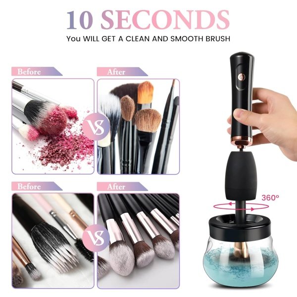 Electronic Makeup Brush Cleaner Machine, Quick Wash & Dry Makeup Brush Cleaner Tools, 3 Adjustable Speeds, Travel Portable Automatic Brushes Cleaner Cleanser Machine (Black) - Image 4