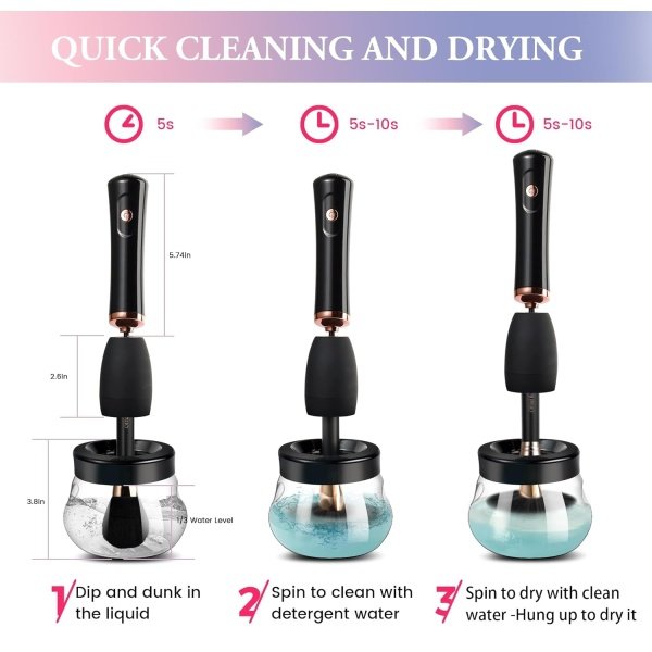 Electronic Makeup Brush Cleaner Machine, Quick Wash & Dry Makeup Brush Cleaner Tools, 3 Adjustable Speeds, Travel Portable Automatic Brushes Cleaner Cleanser Machine (Black) - Image 5