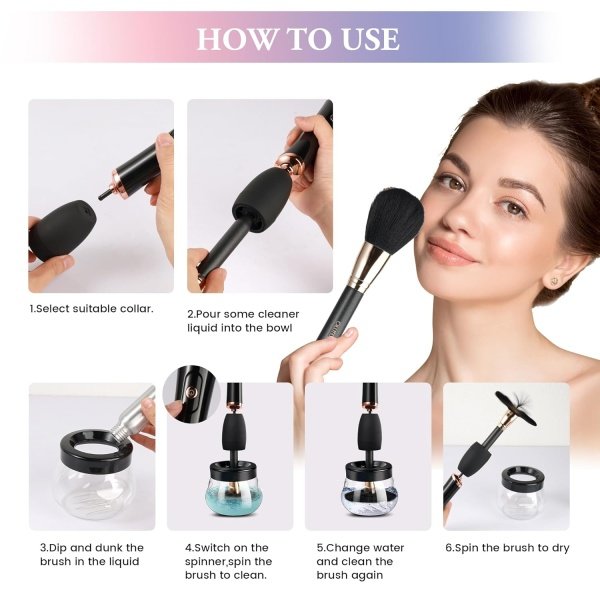 Electronic Makeup Brush Cleaner Machine, Quick Wash & Dry Makeup Brush Cleaner Tools, 3 Adjustable Speeds, Travel Portable Automatic Brushes Cleaner Cleanser Machine (Black) - Image 7