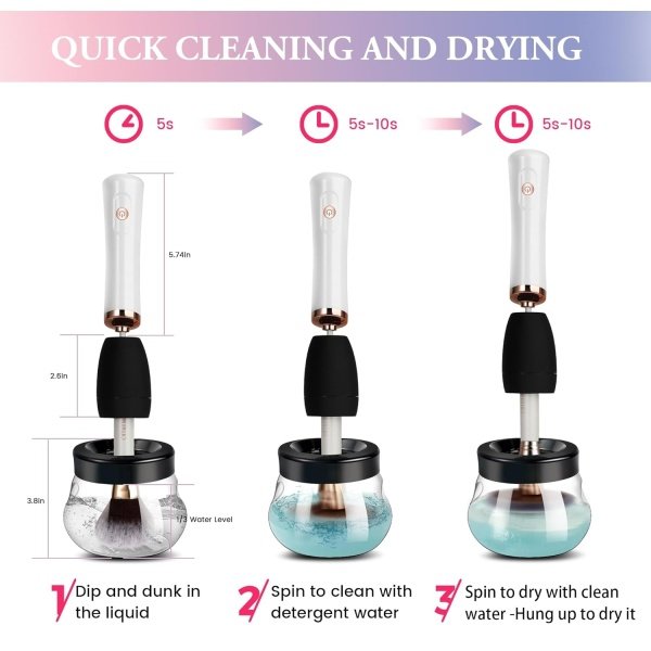 Electronic Makeup Brush Cleaner Machine, Quick Wash & Dry Makeup Brush Cleaner Tools, 3 Adjustable Speeds, Travel Portable Automatic Brushes Cleaner Cleanser Machine (Black) - Image 11