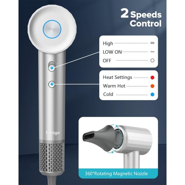 High Speed Ionic Hair Dryer with Diffuser, Professonal Blow dryers 110,000 RPM Brushless Motor for Fast Drying, 1500W 4Temps /2Speeds, Thermo-Control Hairdryer for Women Home Travel (Grey) - Imagen 2