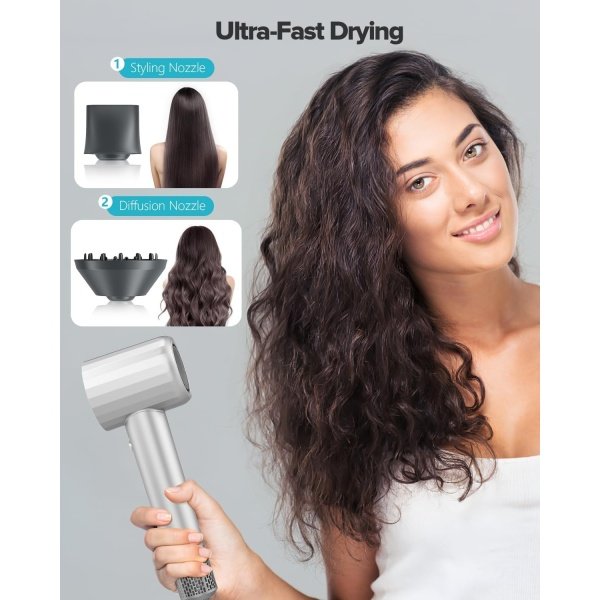 High Speed Ionic Hair Dryer with Diffuser, Professonal Blow dryers 110,000 RPM Brushless Motor for Fast Drying, 1500W 4Temps /2Speeds, Thermo-Control Hairdryer for Women Home Travel (Grey) - Imagen 3