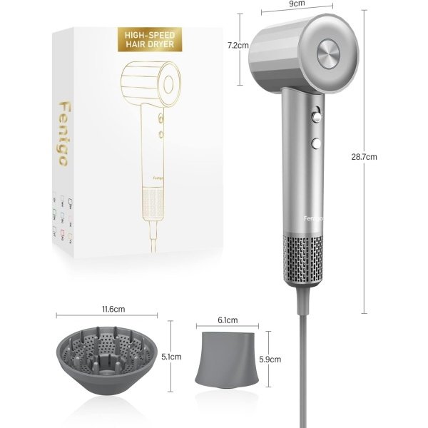High Speed Ionic Hair Dryer with Diffuser, Professonal Blow dryers 110,000 RPM Brushless Motor for Fast Drying, 1500W 4Temps /2Speeds, Thermo-Control Hairdryer for Women Home Travel (Grey) - Imagen 7