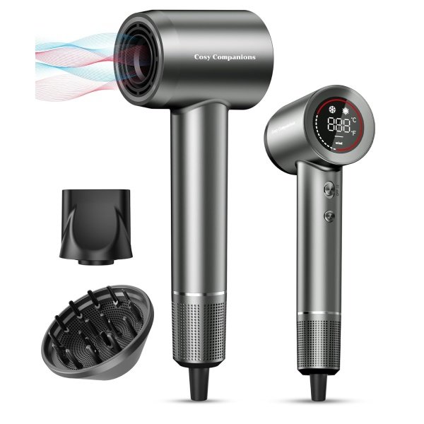 Hair Dryer - Negative Ionic Blow Dryer with 150000 RPM High Speed Brushless Motor for Fast Drying, Low Noise, HD Display Hair Dryer with Diffuser and Nozzle, 5 Temps & 2 Speeds