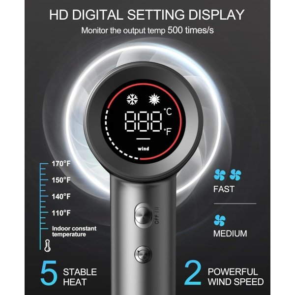 Hair Dryer - Negative Ionic Blow Dryer with 150000 RPM High Speed Brushless Motor for Fast Drying, Low Noise, HD Display Hair Dryer with Diffuser and Nozzle, 5 Temps & 2 Speeds - Image 3