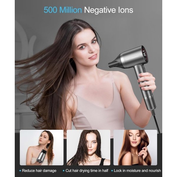 Hair Dryer - Negative Ionic Blow Dryer with 150000 RPM High Speed Brushless Motor for Fast Drying, Low Noise, HD Display Hair Dryer with Diffuser and Nozzle, 5 Temps & 2 Speeds - Image 5