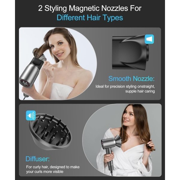 Hair Dryer - Negative Ionic Blow Dryer with 150000 RPM High Speed Brushless Motor for Fast Drying, Low Noise, HD Display Hair Dryer with Diffuser and Nozzle, 5 Temps & 2 Speeds - Image 6