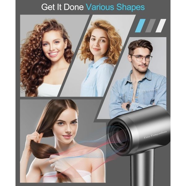 Hair Dryer - Negative Ionic Blow Dryer with 150000 RPM High Speed Brushless Motor for Fast Drying, Low Noise, HD Display Hair Dryer with Diffuser and Nozzle, 5 Temps & 2 Speeds - Image 7