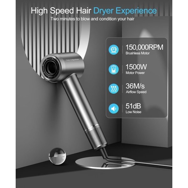 Hair Dryer - Negative Ionic Blow Dryer with 150000 RPM High Speed Brushless Motor for Fast Drying, Low Noise, HD Display Hair Dryer with Diffuser and Nozzle, 5 Temps & 2 Speeds - Image 8