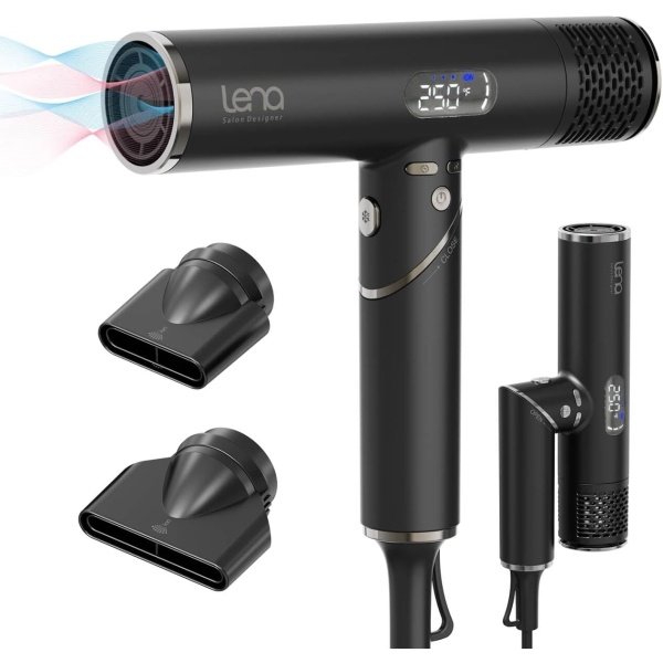 LENA Travel Hair Dryer Powerful Blow Dryer | Ionic Foldable Hairdryer | Lightweight & Fast Drying with High-Speed Brushless Motor, Ion Tech., LED Display, Magnetic Nozzles | Protects Hair as You Dry