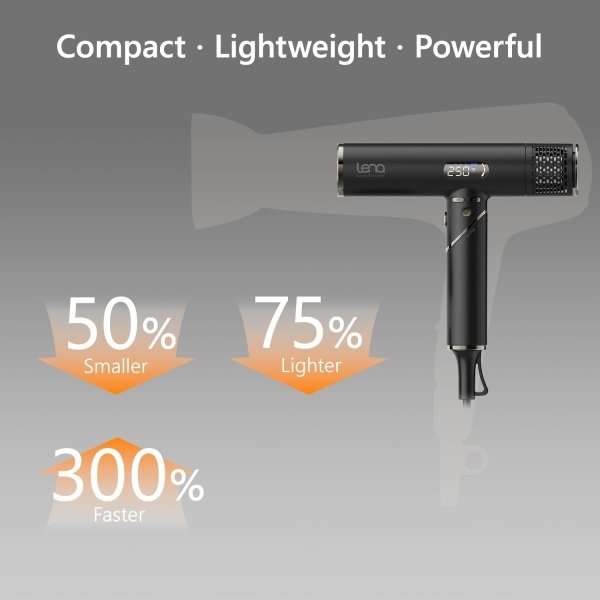 LENA Travel Hair Dryer Powerful Blow Dryer | Ionic Foldable Hairdryer | Lightweight & Fast Drying with High-Speed Brushless Motor, Ion Tech., LED Display, Magnetic Nozzles | Protects Hair as You Dry - Image 6