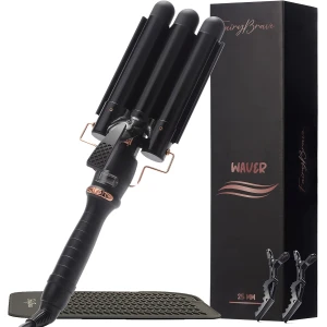 3 Barrel Curling Iron Wand - Triple Hair Waver & Crimper for Beach Waves Set, Ceramic Tourmaline with Adjustable Temperature - Beach Waver, Black