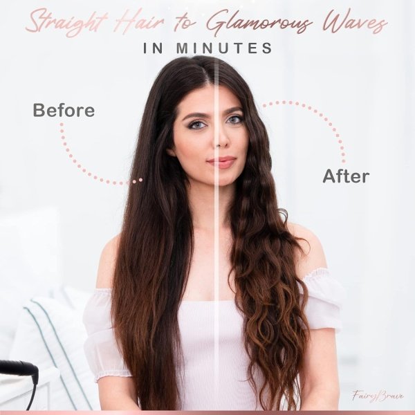 3 Barrel Curling Iron Wand - Triple Hair Waver & Crimper for Beach Waves Set, Ceramic Tourmaline with Adjustable Temperature - Beach Waver, Black - Image 2