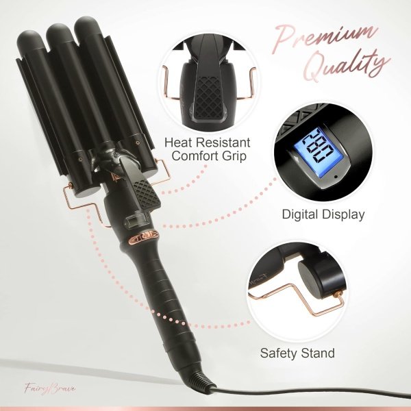 3 Barrel Curling Iron Wand - Triple Hair Waver & Crimper for Beach Waves Set, Ceramic Tourmaline with Adjustable Temperature - Beach Waver, Black - Image 3