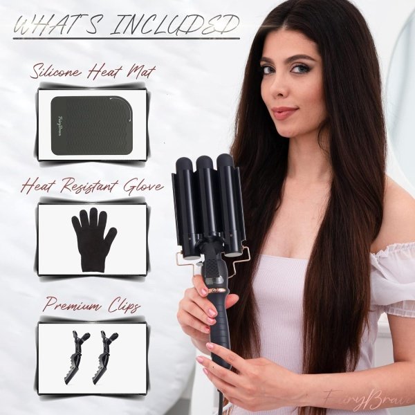 3 Barrel Curling Iron Wand - Triple Hair Waver & Crimper for Beach Waves Set, Ceramic Tourmaline with Adjustable Temperature - Beach Waver, Black - Image 4