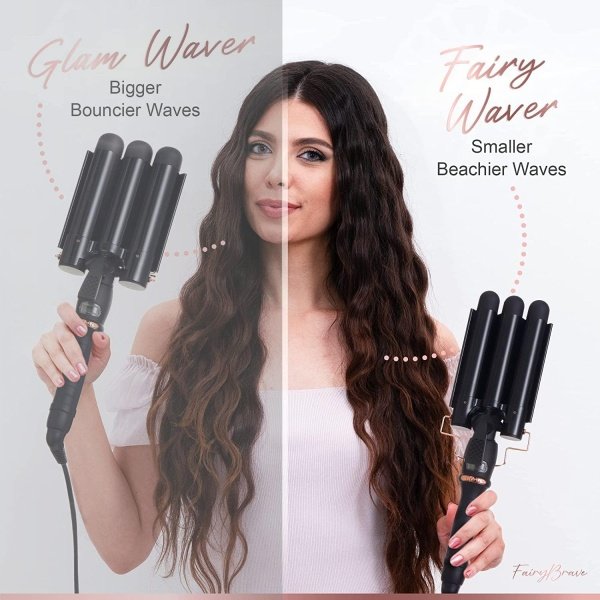 3 Barrel Curling Iron Wand - Triple Hair Waver & Crimper for Beach Waves Set, Ceramic Tourmaline with Adjustable Temperature - Beach Waver, Black - Image 5