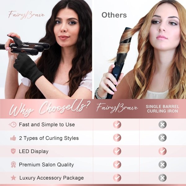 3 Barrel Curling Iron Wand - Triple Hair Waver & Crimper for Beach Waves Set, Ceramic Tourmaline with Adjustable Temperature - Beach Waver, Black - Image 6