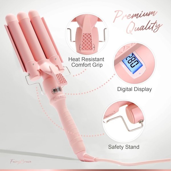 3 Barrel Curling Iron Wand - Triple Hair Waver & Crimper for Beach Waves Set, Ceramic Tourmaline with Adjustable Temperature - Beach Waver, Black - Image 12