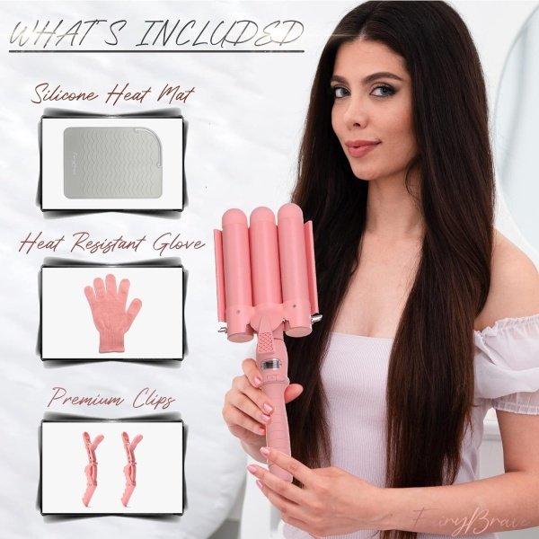 3 Barrel Curling Iron Wand - Triple Hair Waver & Crimper for Beach Waves Set, Ceramic Tourmaline with Adjustable Temperature - Beach Waver, Black - Image 14